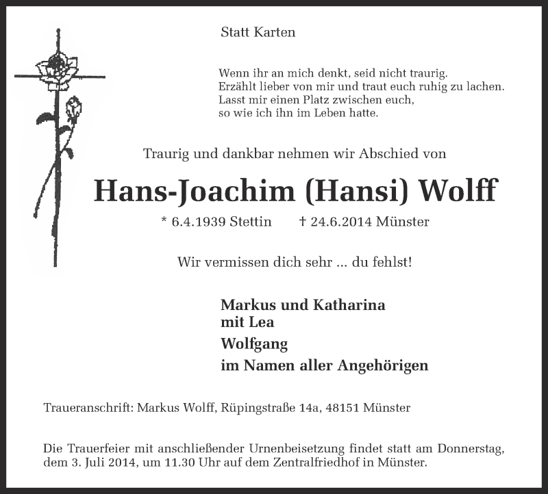  Traueranzeige für Hans-Joachim Wolff vom 28.06.2014 aus Münstersche Zeitung und Grevener Zeitung