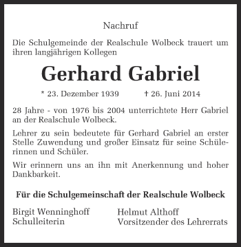 Anzeige von Gerhard Gabriel von Münstersche Zeitung und Grevener Zeitung