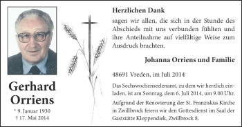 Anzeige von Gerhard Orriens von Münstersche Zeitung und Münsterland Zeitung