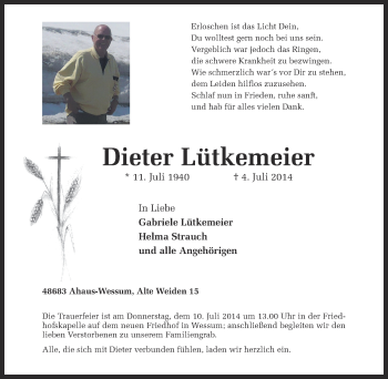 Anzeige von Dieter Lütkemeier von Münstersche Zeitung und Münsterland Zeitung