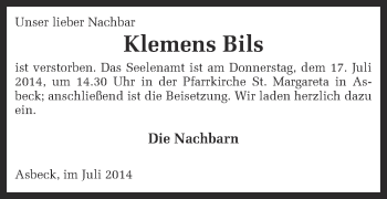 Anzeige von Klemens Bils von Münstersche Zeitung und Münsterland Zeitung