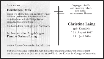 Anzeige von Christine Laing von Münstersche Zeitung und Münsterland Zeitung