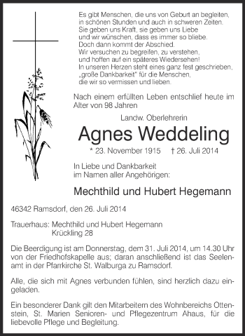 Anzeige von Agnes Weddeling von Münstersche Zeitung und Münsterland Zeitung