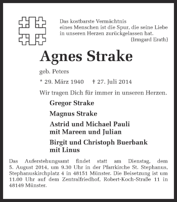 Anzeige von Agnes Strake von Münstersche Zeitung und Grevener Zeitung
