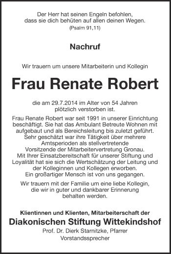 Anzeige von Renate Robert von Münstersche Zeitung und Münsterland Zeitung