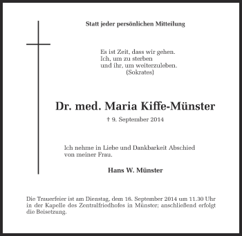 Anzeige von Maria Kiffe-Münster von Münstersche Zeitung und Grevener Zeitung