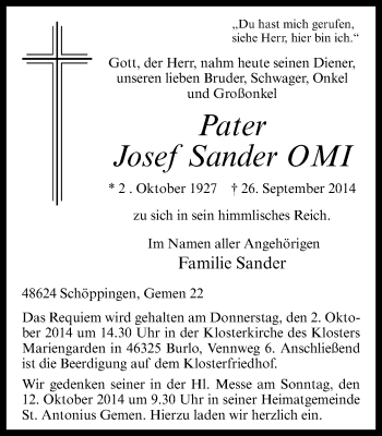 Anzeige von Josef Sander von Münstersche Zeitung und Münsterland Zeitung