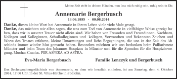 Anzeige von Annemarie Bergerbusch von Münstersche Zeitung und Münsterland Zeitung