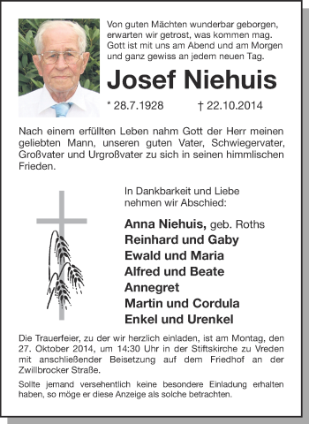 Anzeige von Josef Niehuis von Münstersche Zeitung und Münsterland Zeitung