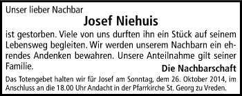 Anzeige von Josef Niehuis von Münstersche Zeitung und Münsterland Zeitung