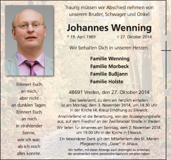 Anzeige von Johannes Wenning von Münstersche Zeitung und Münsterland Zeitung