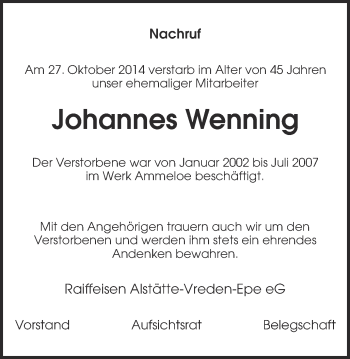 Anzeige von Johannes Wenning von Münstersche Zeitung und Münsterland Zeitung