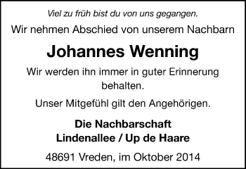 Anzeige von Johannes Wenning von Münstersche Zeitung und Münsterland Zeitung