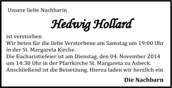 Anzeige von Hedwig Hollard von Münstersche Zeitung und Münsterland Zeitung