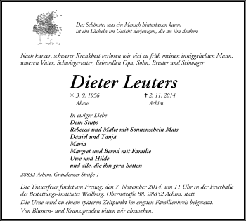 Anzeige von Dieter Leuters von Münstersche Zeitung, Emsdettener Volkszeitung, Grevener Zeitung und Münsterland Zeitung