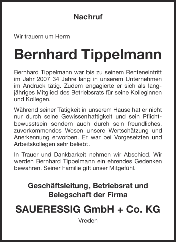 Anzeige von Bernhard Tippelmann von Münstersche Zeitung und Münsterland Zeitung