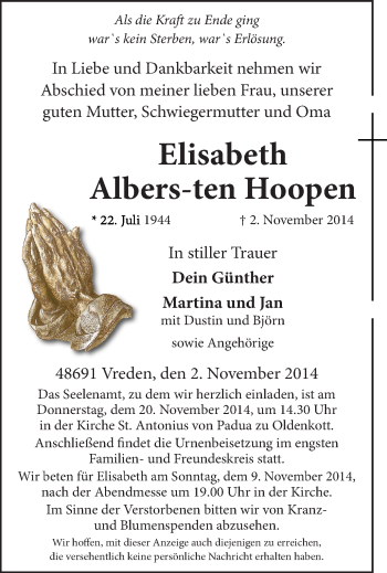 Anzeige von Elisabeth Albers-ten Hoopen von Münstersche Zeitung und Münsterland Zeitung