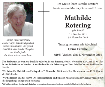 Anzeige von Mathilde Rotering von Münstersche Zeitung und Münsterland Zeitung