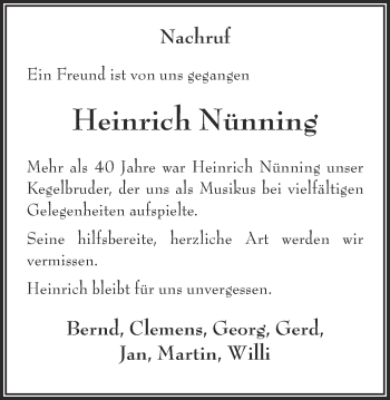 Anzeige von Heinrich Nünning von Münstersche Zeitung und Münsterland Zeitung