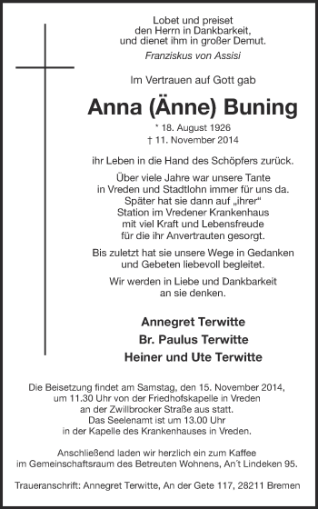 Anzeige von Anna Buning von Münstersche Zeitung und Münsterland Zeitung