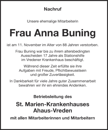 Anzeige von Anna Buning von Münstersche Zeitung und Münsterland Zeitung