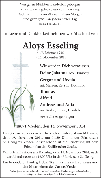 Anzeige von Aloys Esseling von Münstersche Zeitung und Münsterland Zeitung