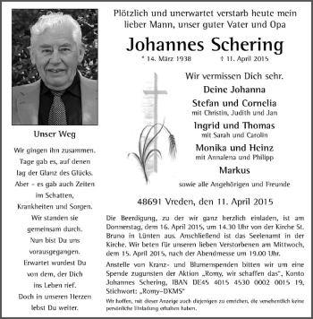 Anzeige von Johannes Schering von Westfälische Nachrichten