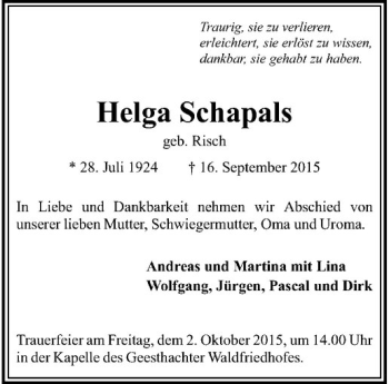 Anzeige von Helga Schapals von Westfälische Nachrichten