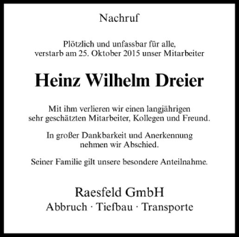 Anzeige von Heinz Wilhelm Dreier von Westfälische Nachrichten