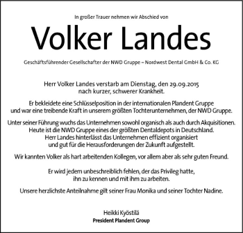 Anzeige von Volker Landes von Westfälische Nachrichten