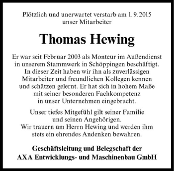 Anzeige von Thomas Hewing von Westfälische Nachrichten