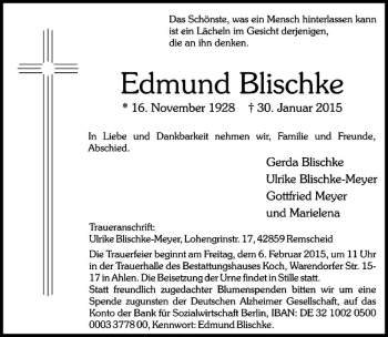 Anzeige von Edmund Blischke von Westfälische Nachrichten