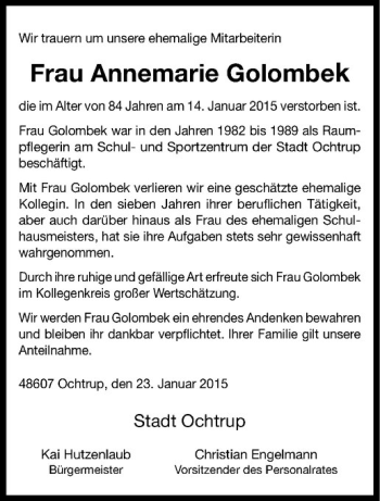 Anzeige von Annemarie Golombek von Westfälische Nachrichten