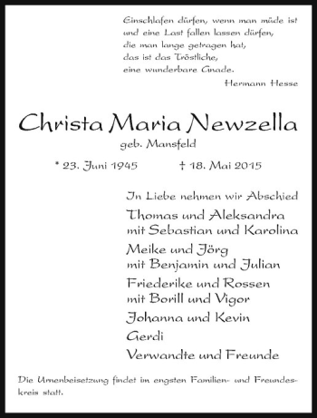 Anzeige von Christian Maria Antonius Newzella von Westfälische Nachrichten