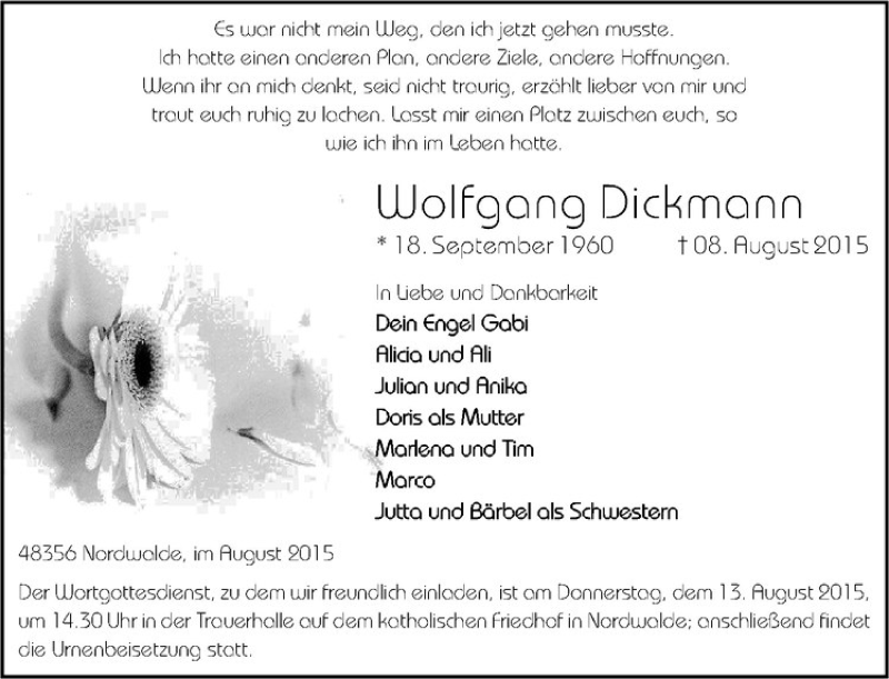  Traueranzeige für Wolfgang Dickmann vom 11.08.2015 aus Westfälische Nachrichten