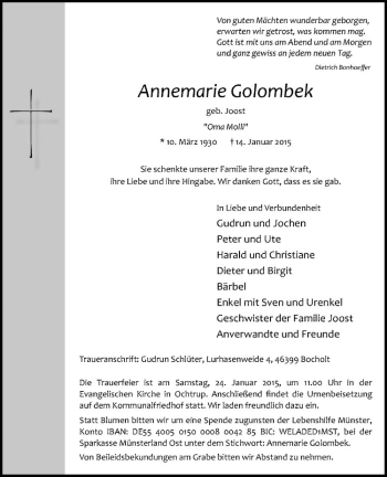 Anzeige von Annemarie Golombek von Westfälische Nachrichten