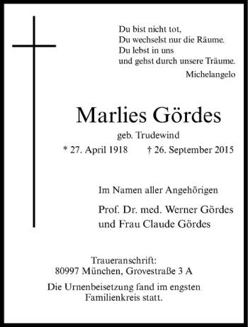 Anzeige von Marlies Gördes von Westfälische Nachrichten