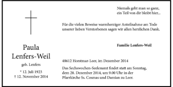 Anzeige von Paula Lenfers-Weil von Westfälische Nachrichten