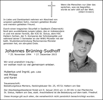 Anzeige von Johannes Brüning-Sudhoff von Westfälische Nachrichten