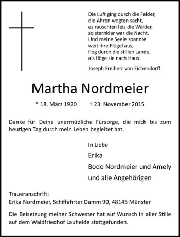 Anzeige von Martha Nordmeier von Westfälische Nachrichten