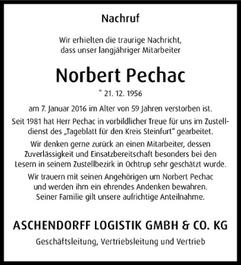 Anzeige von Norbert Pechac von Westfälische Nachrichten