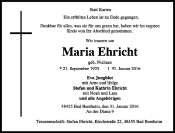 Anzeige von Maria Ehricht von Westfälische Nachrichten