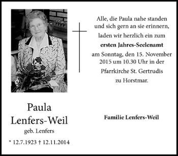 Anzeige von Paula Lenfers-Weil von Westfälische Nachrichten