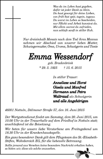 Anzeige von Emma Wessendorf von Westfälische Nachrichten