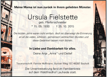 Anzeige von Ursula Fielstette von Westfälische Nachrichten