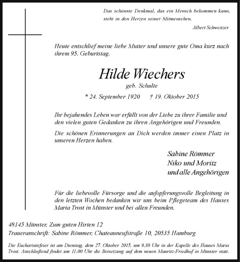 Traueranzeigen Von Hilde Wichers 