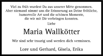 Anzeige von Maria Wallkötter von Westfälische Nachrichten