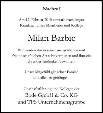 Anzeige von Milan Barbic von Westfälische Nachrichten