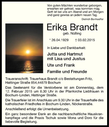 Anzeige von Erika Brandt von Westfälische Nachrichten