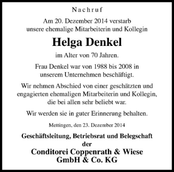 Anzeige von Helga Denkel von Westfälische Nachrichten